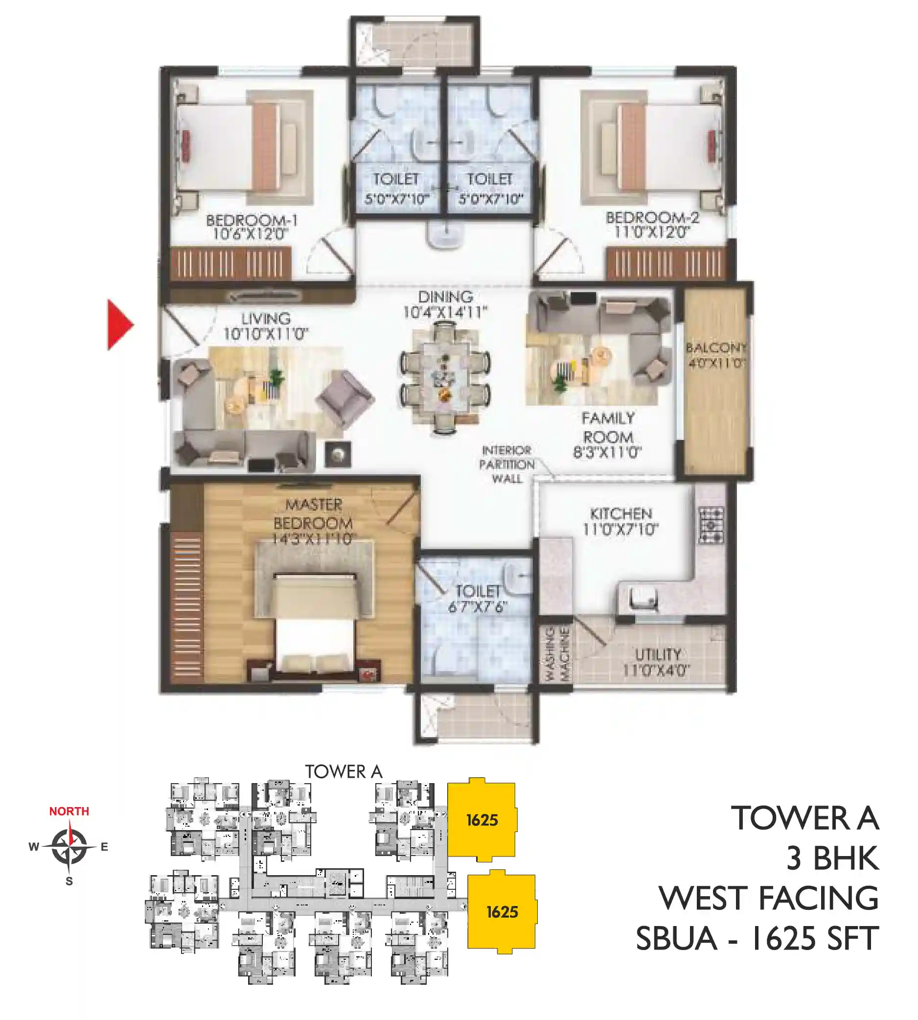 Tower - A _SBUA 1625_WEST FACING(3 BHK)